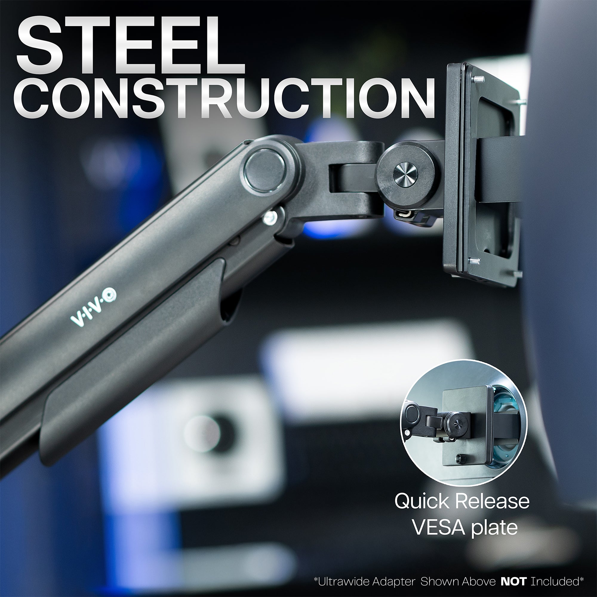 A dual monitor desk mount with pneumatic arms with sturdy construction.