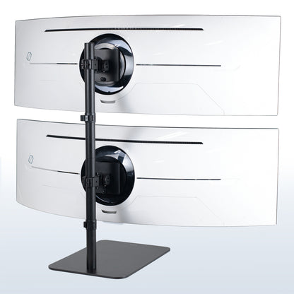 Dual Ultrawide Vertical Monitor Desk Stand elevates 2 large monitors in a vertically stacked array for comfortable viewing angles and efficient use of desk space. The freestanding base provides excellent support with no need to drill or clamp into your desktop.
