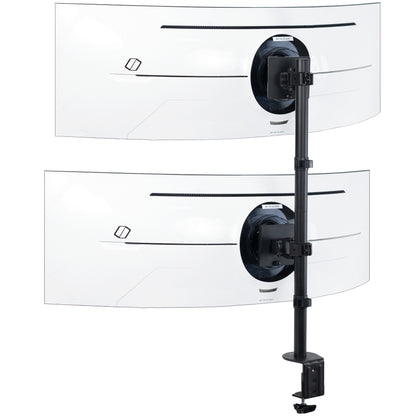 Stacked vertical dual monitor ultrawide desk mount with height adjustment, tilt, swivel, and integrated cable management.