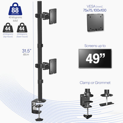 Stacked vertical dual monitor ultrawide desk mount with height adjustment, tilt, swivel, and integrated cable management.