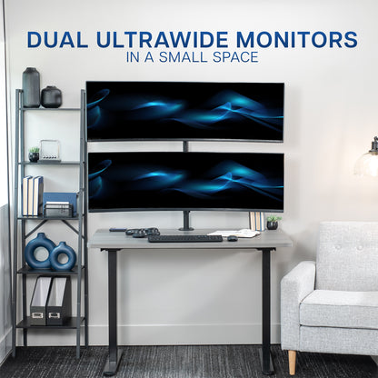 Stacked vertical dual monitor ultrawide desk mount with height adjustment, tilt, swivel, and integrated cable management.