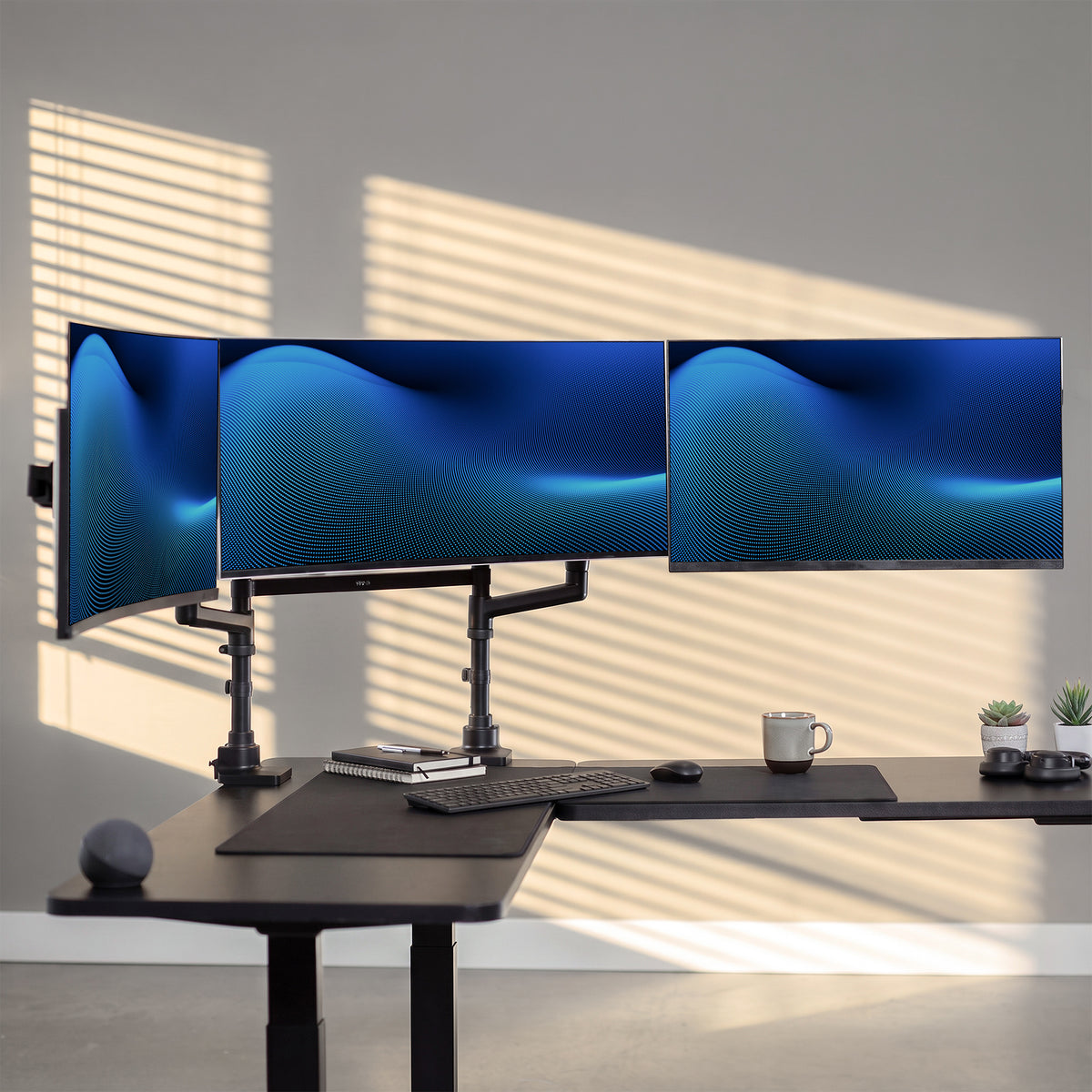 2-Pole Pneumatic Arm Triple Ultrawide Monitor Desk Mount - Up to 49" Screens