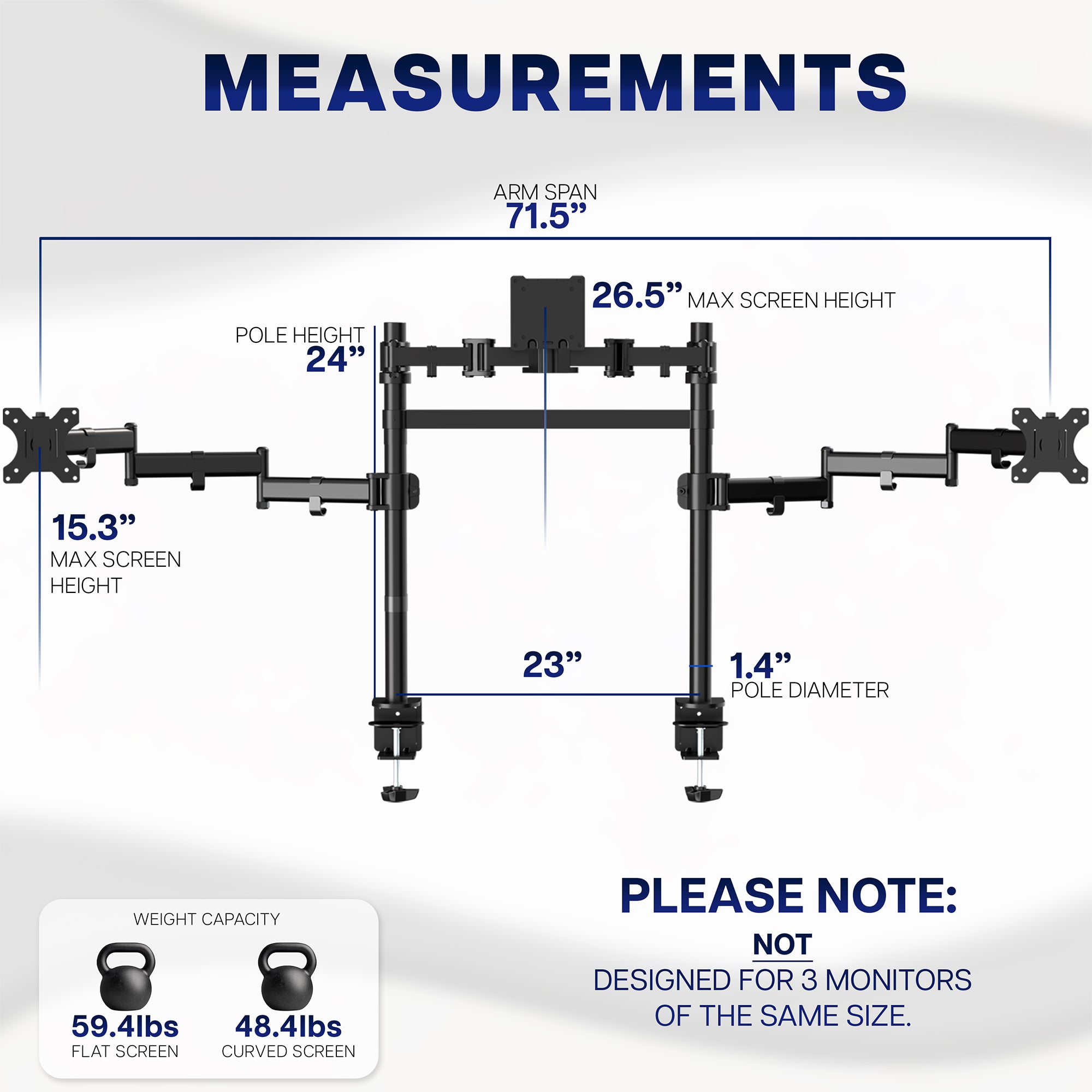 Measurement chart of a 2-Pole Triple Monitor Desk Mount with various dimensions labeled.