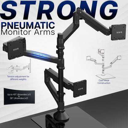 Pneumatic Arm Triple Ultrawide Monitor Extra Tall Desk Stand - Up to 49" Screens