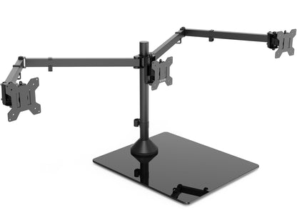 Freestanding triple monitor mount with adjustable articulating arms and desktop base for 13-inch to 32-inch screens