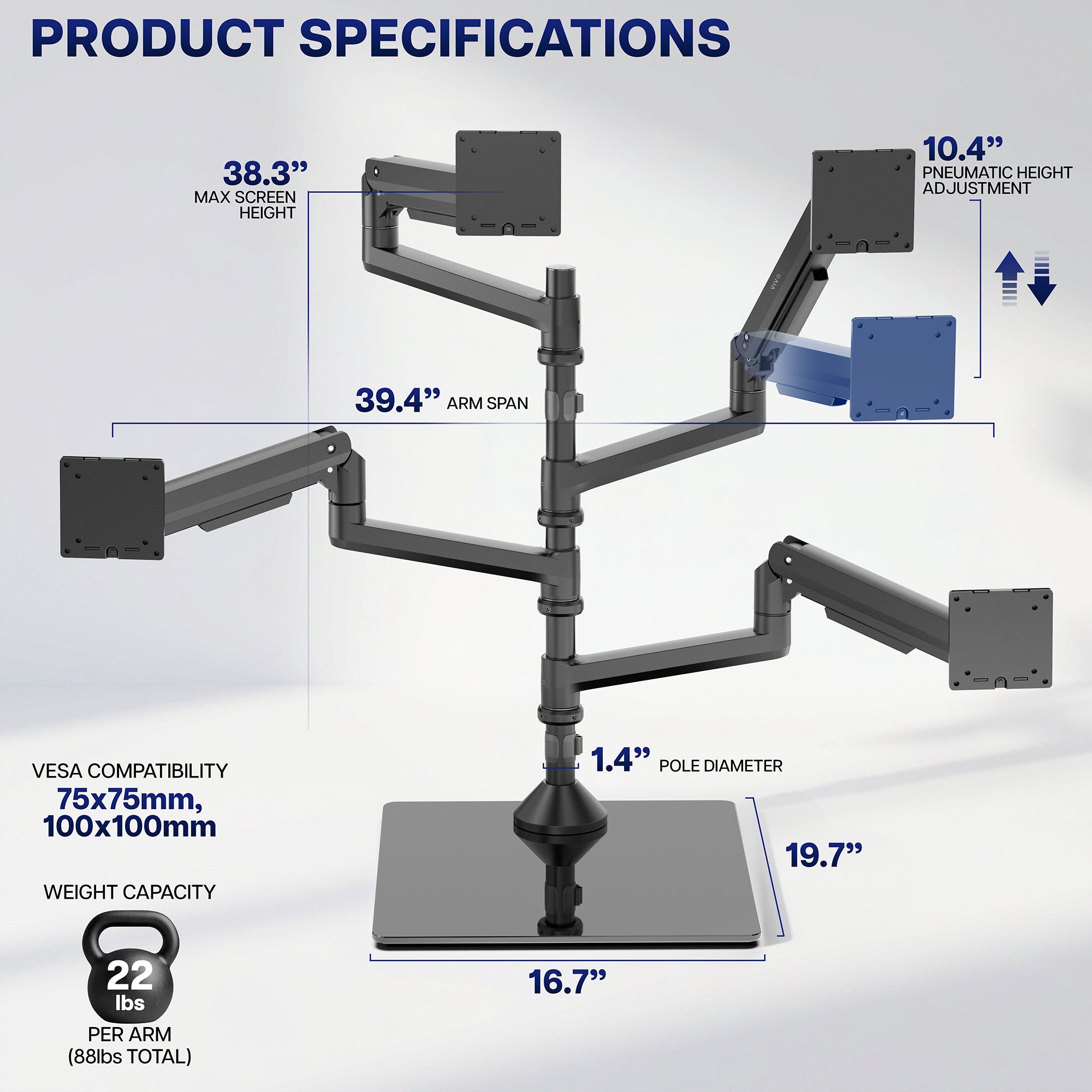 Extra tall quad monitor desk mount specifications showing adjustable pneumatic arms and four VESA mounting plates