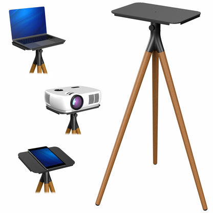 A multi-functional dark walnut easel studio projector stand with an adjustable platform and tripod legs, capable of holding a laptop, projector, and tablet.