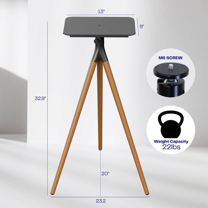 Tripod stand with dimensions and weight capacity information on a white background
