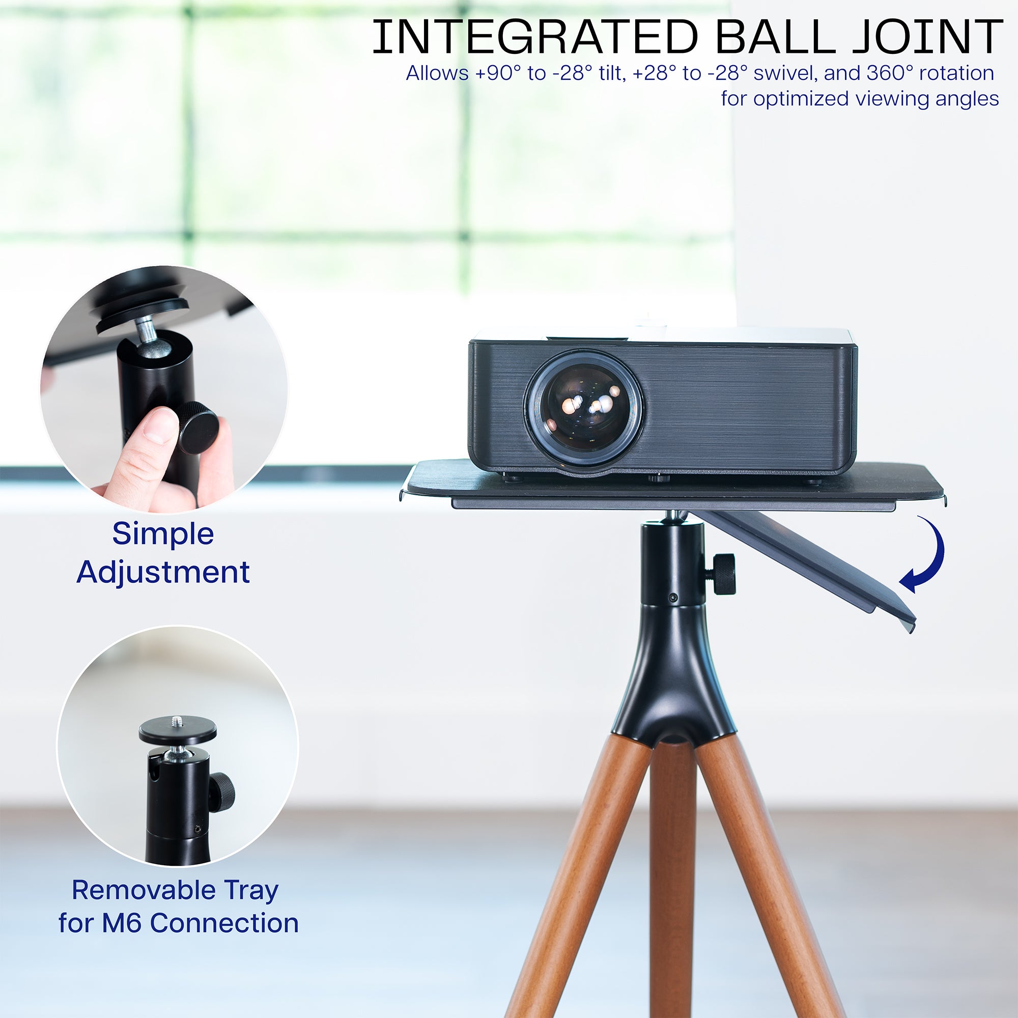 Projector stand with adjustable ball joint and removable tray on a white background