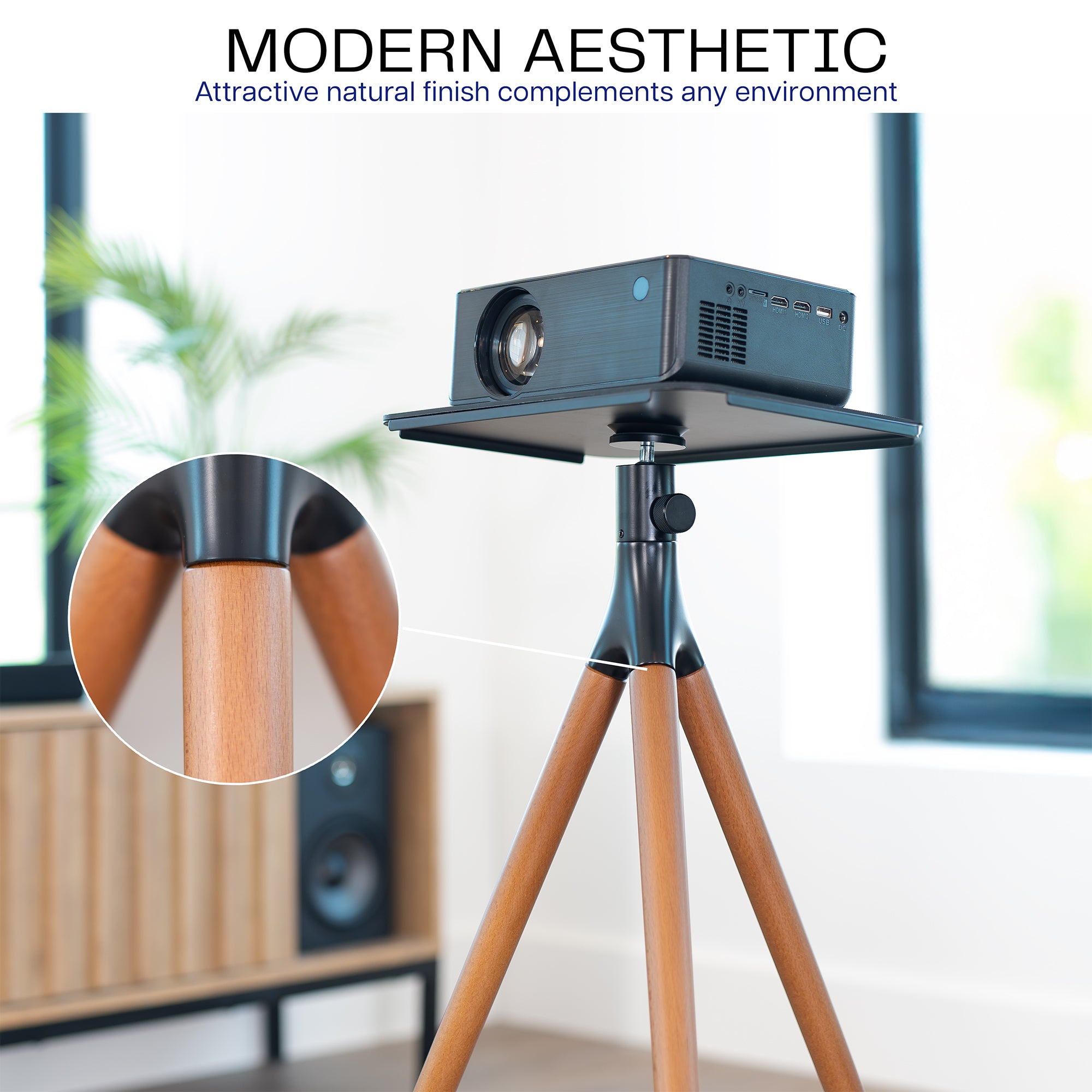 Projector on a wooden tripod with a modern aesthetic description.