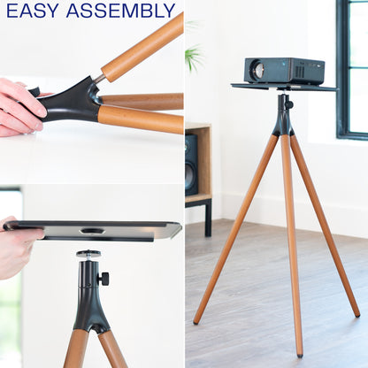 Collage showing a hand assembling a tripod and the completed tripod with a projector on top.