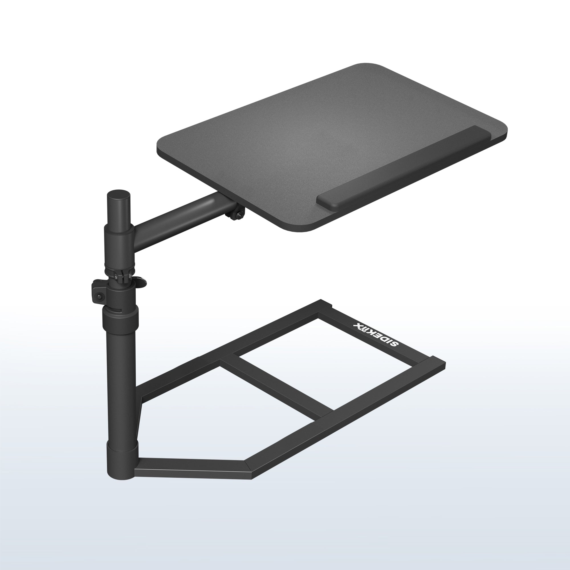 Height adjustable swiveling under mattress overbed desk tray. Rotation and tilt allow for convenient, versatile use.