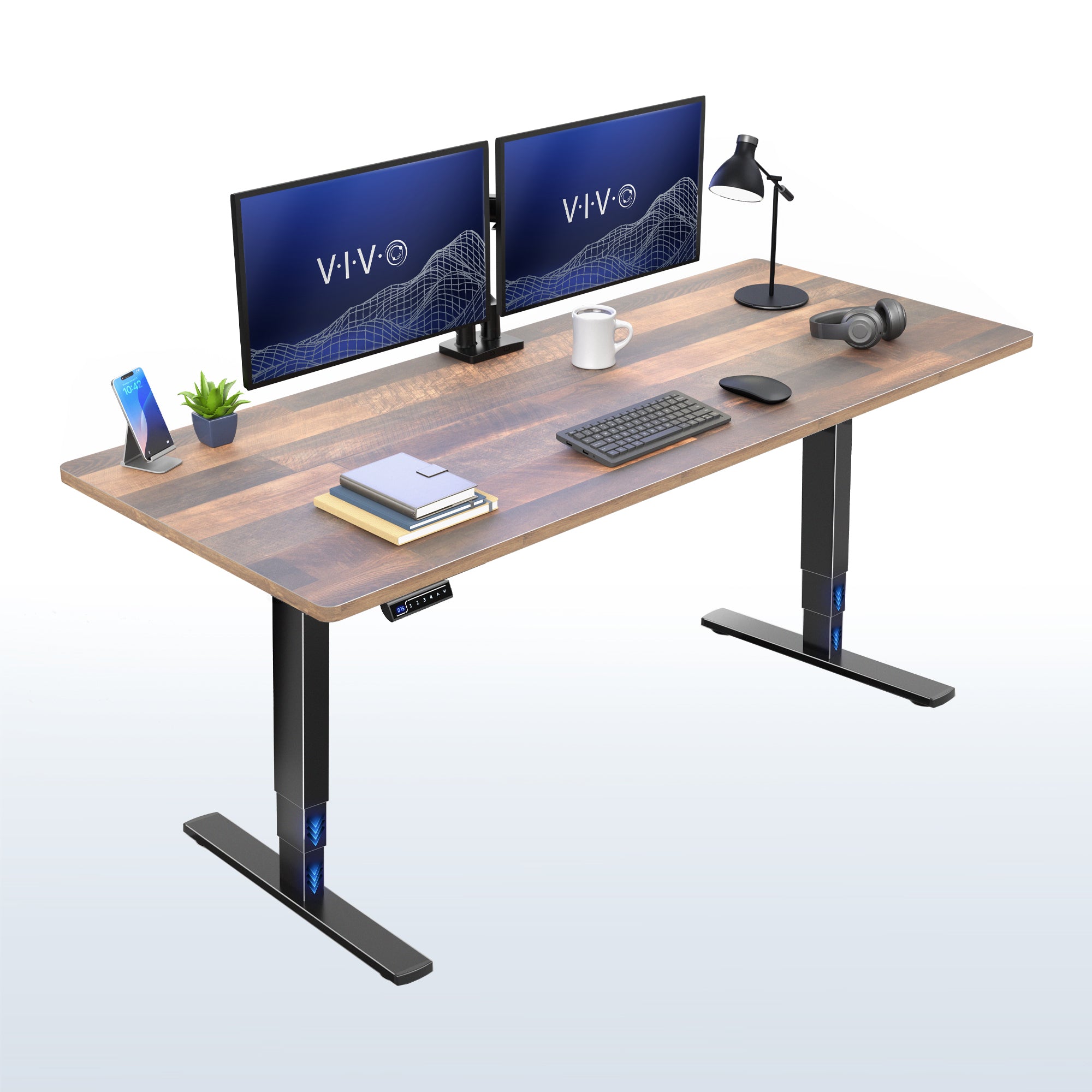 Heavy-duty electric height adjustable desktop workstation for active sit or stand efficient workspace.