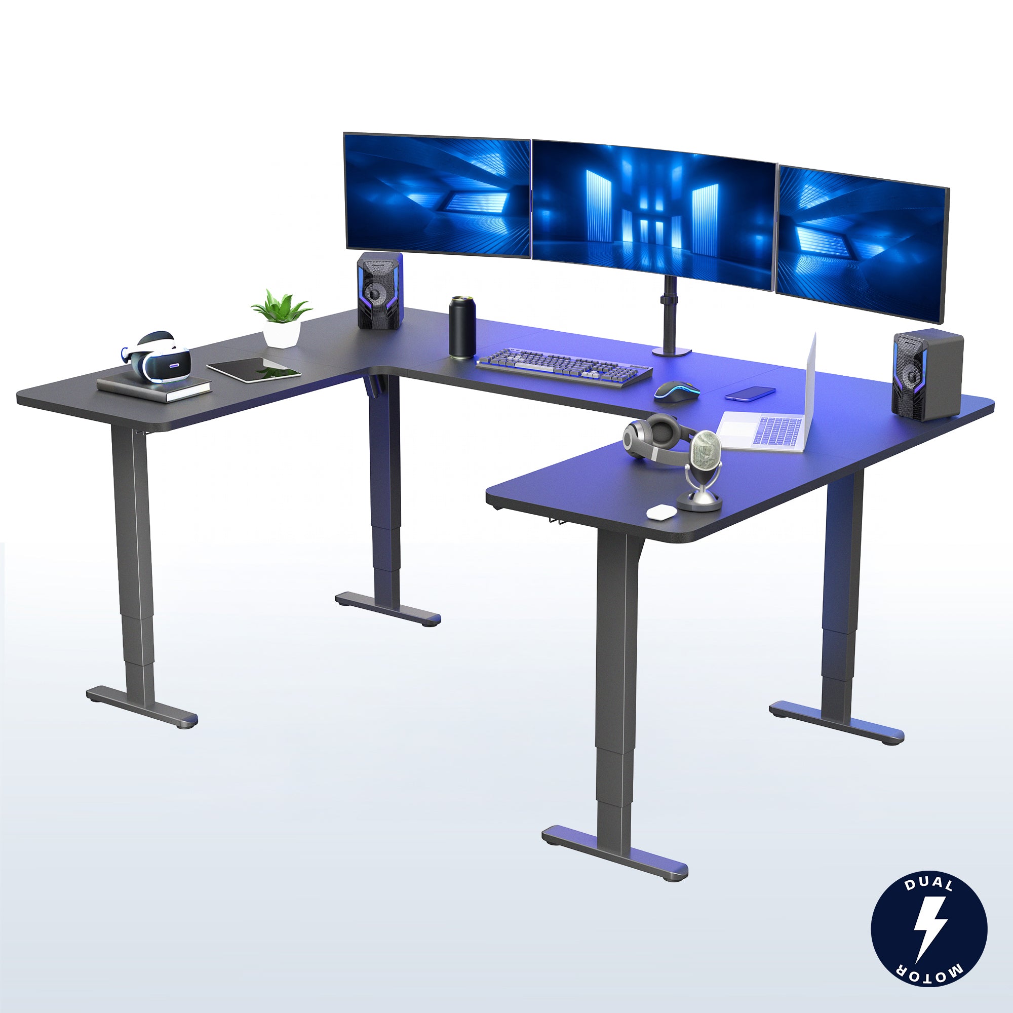 Heavy-duty spacious height adjustable U-shaped electric desk with programmable memory controller.