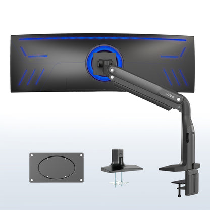 Monitor stand with monitor, arm, and additional components on a white background