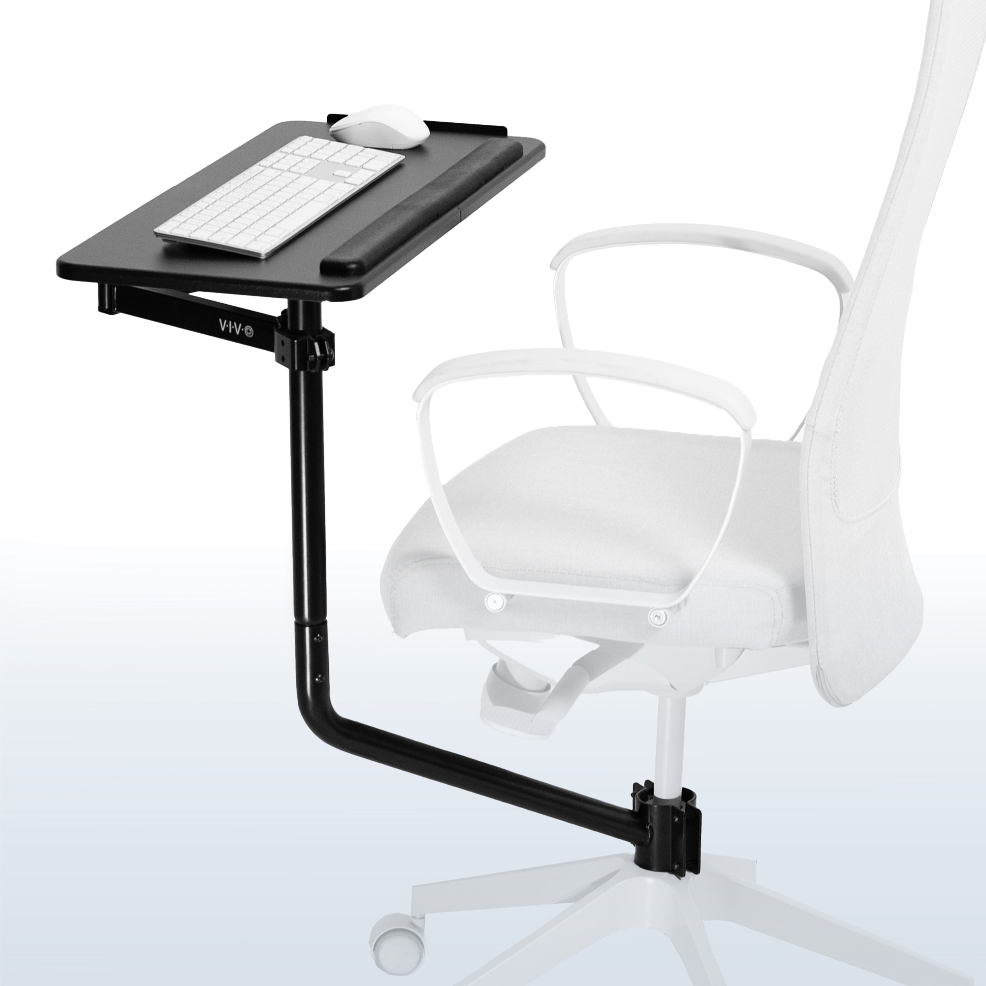 Office chair pole mounting keyboard tray with height adjustment, tilt, and rotation.