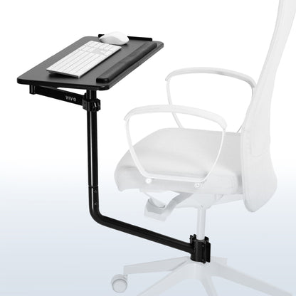 Office chair pole mounting keyboard tray with height adjustment, tilt, and rotation.