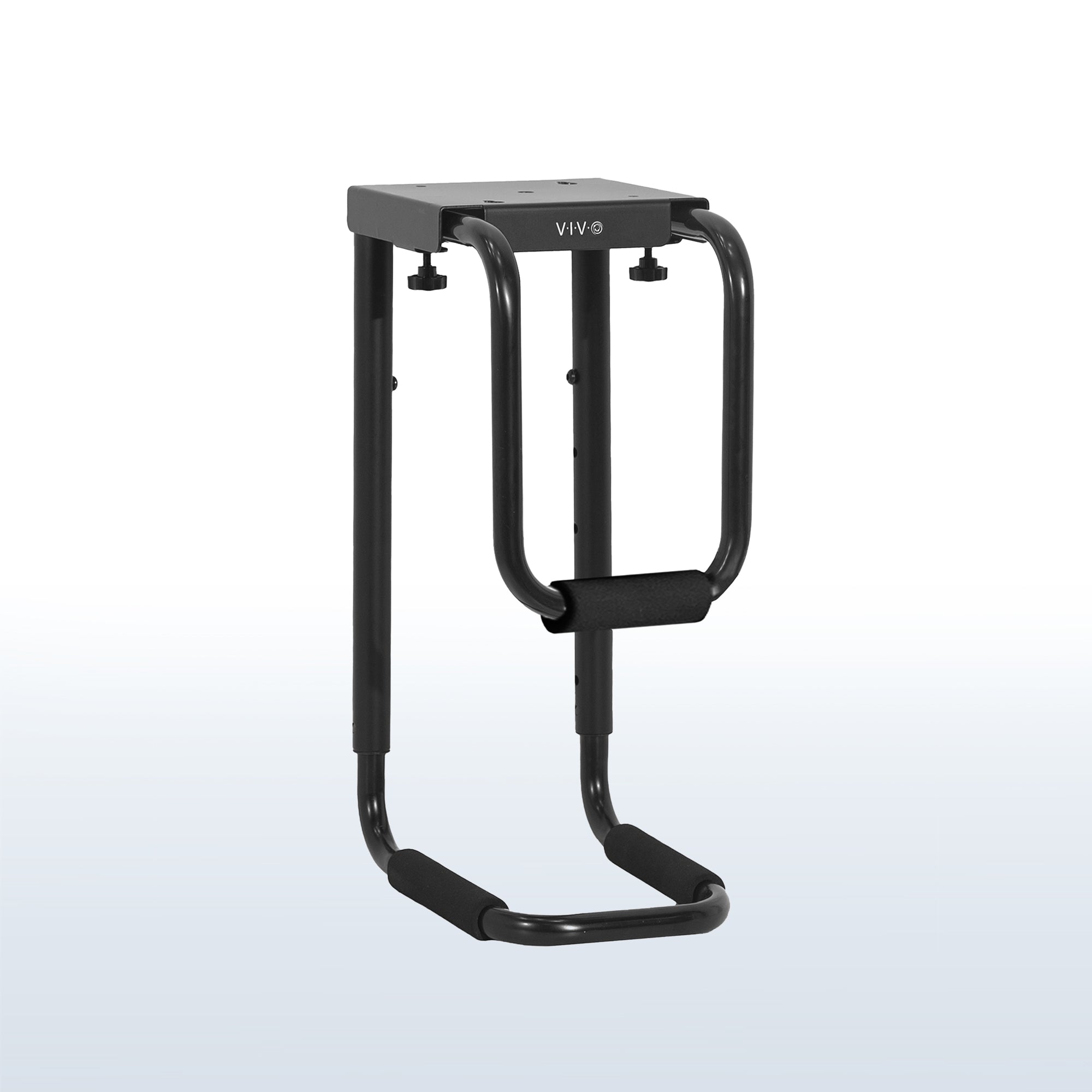 Sturdy under desk PC mount with adjustable width and height and protective padding included.