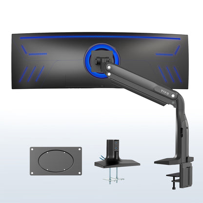 Sturdy adjustable pneumatic arm single ultrawide monitor ergonomic desk mount with USB ports for office workstation.