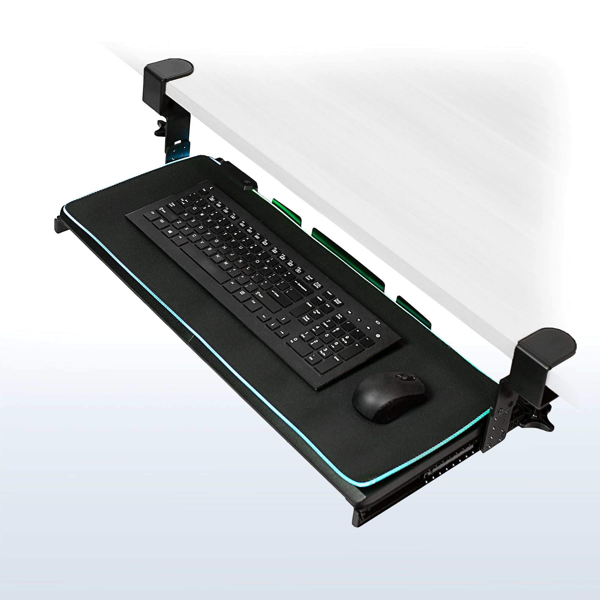 Clamp-on height adjustable pullout keyboard tray attachment with RGB mouse pad.