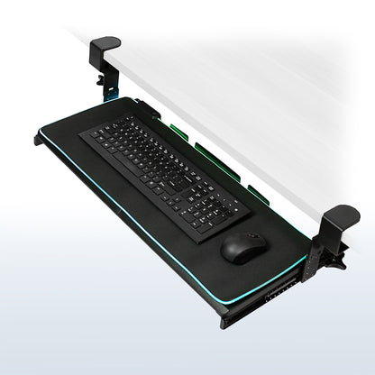 Clamp-on height adjustable pullout keyboard tray attachment with RGB mouse pad.