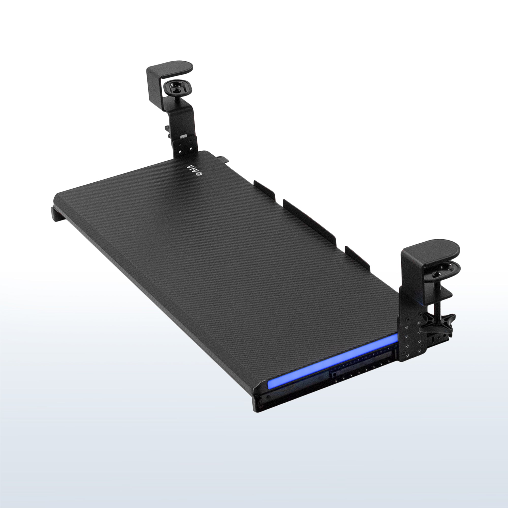 Clamp-on height adjustable keyboard and mouse tray.