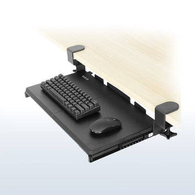 Compact clamp-on pullout keyboard tray.