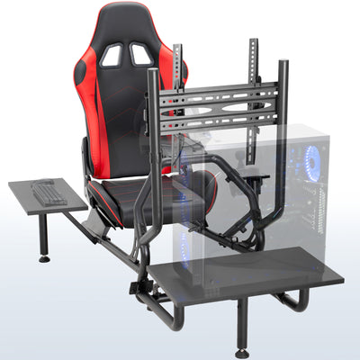 Racing simulator cockpit gaming chair with TV mount, PC shelf, and side shelf.