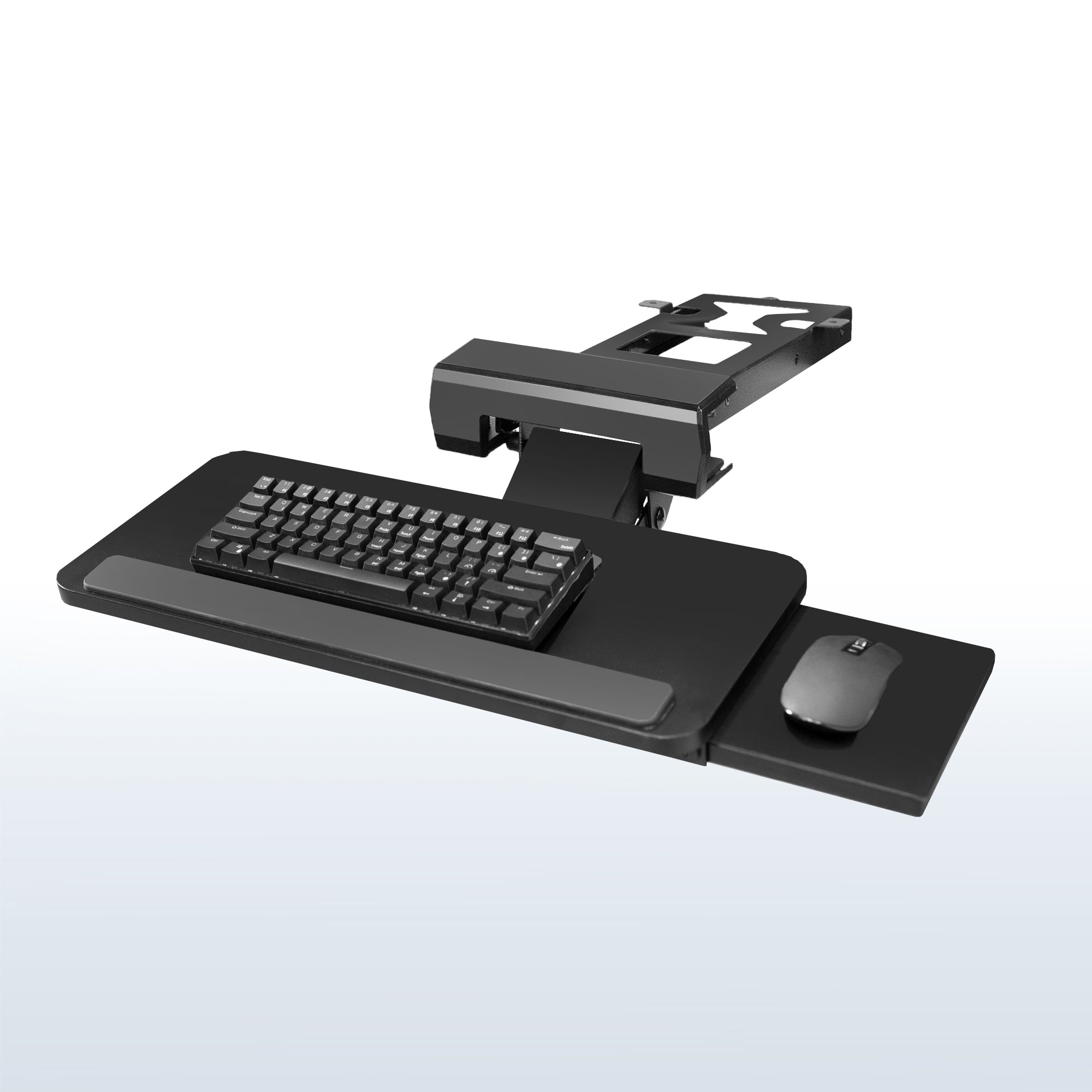 Space-saving adjustable under desk keyboard tray with mousepad.