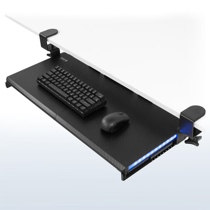 Clamp-on desk keyboard tray with RGB side lights.