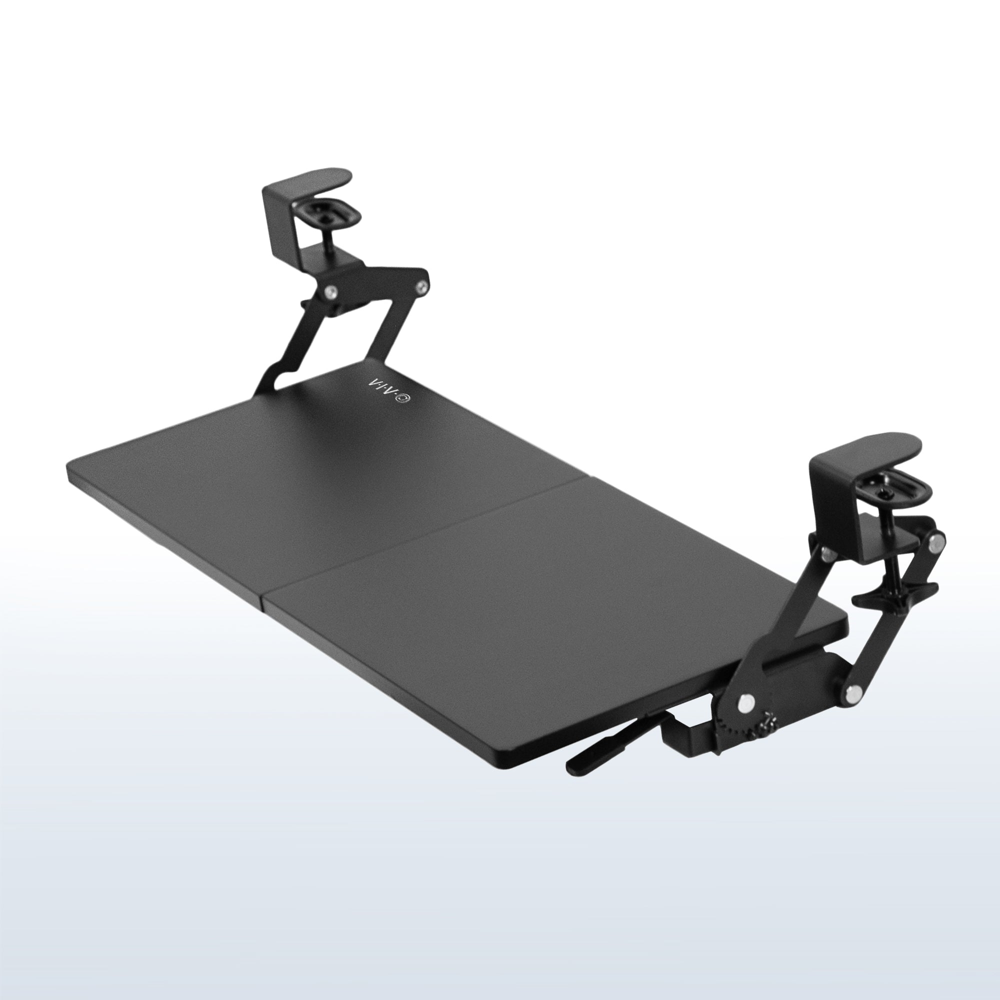 Ergonomic convenient under desk clamp-on keyboard tray with swinging height adjustment.