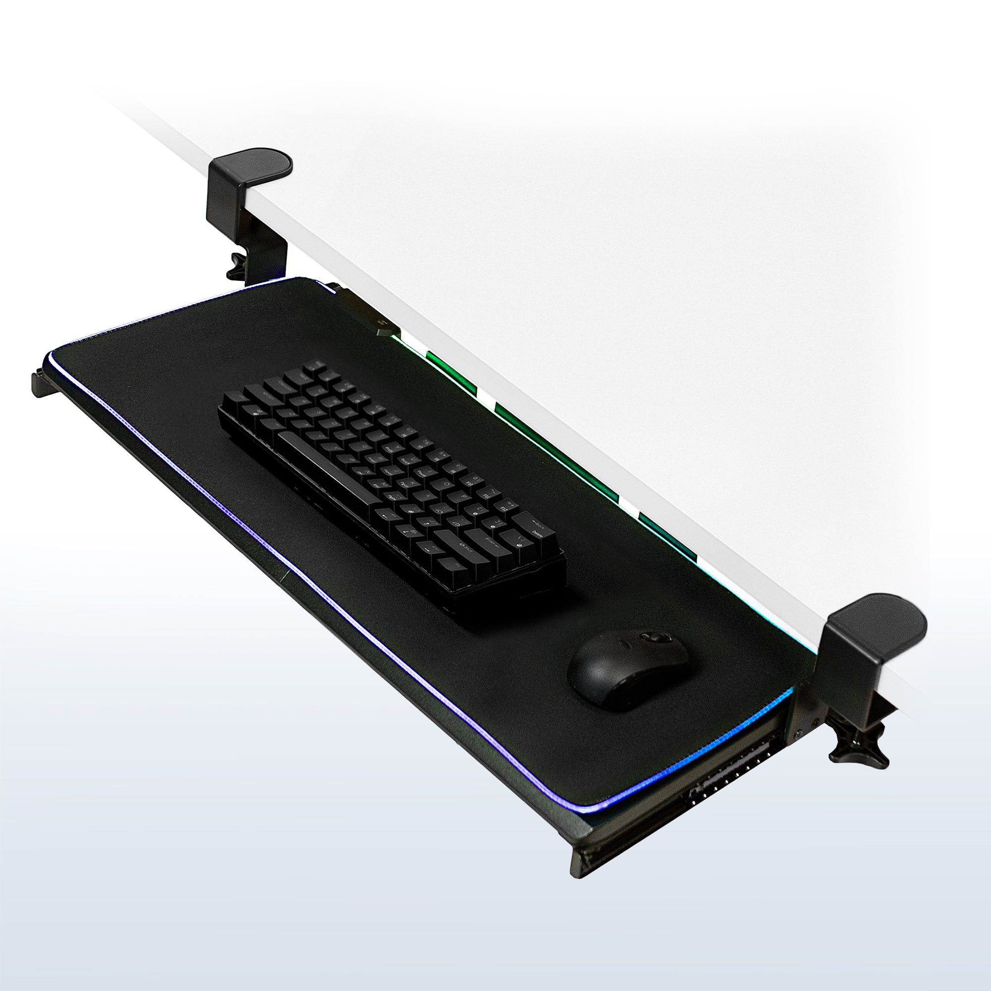 Clamp-on Computer Keyboard and Mouse Under Desk Slider Tray with RGB Pad