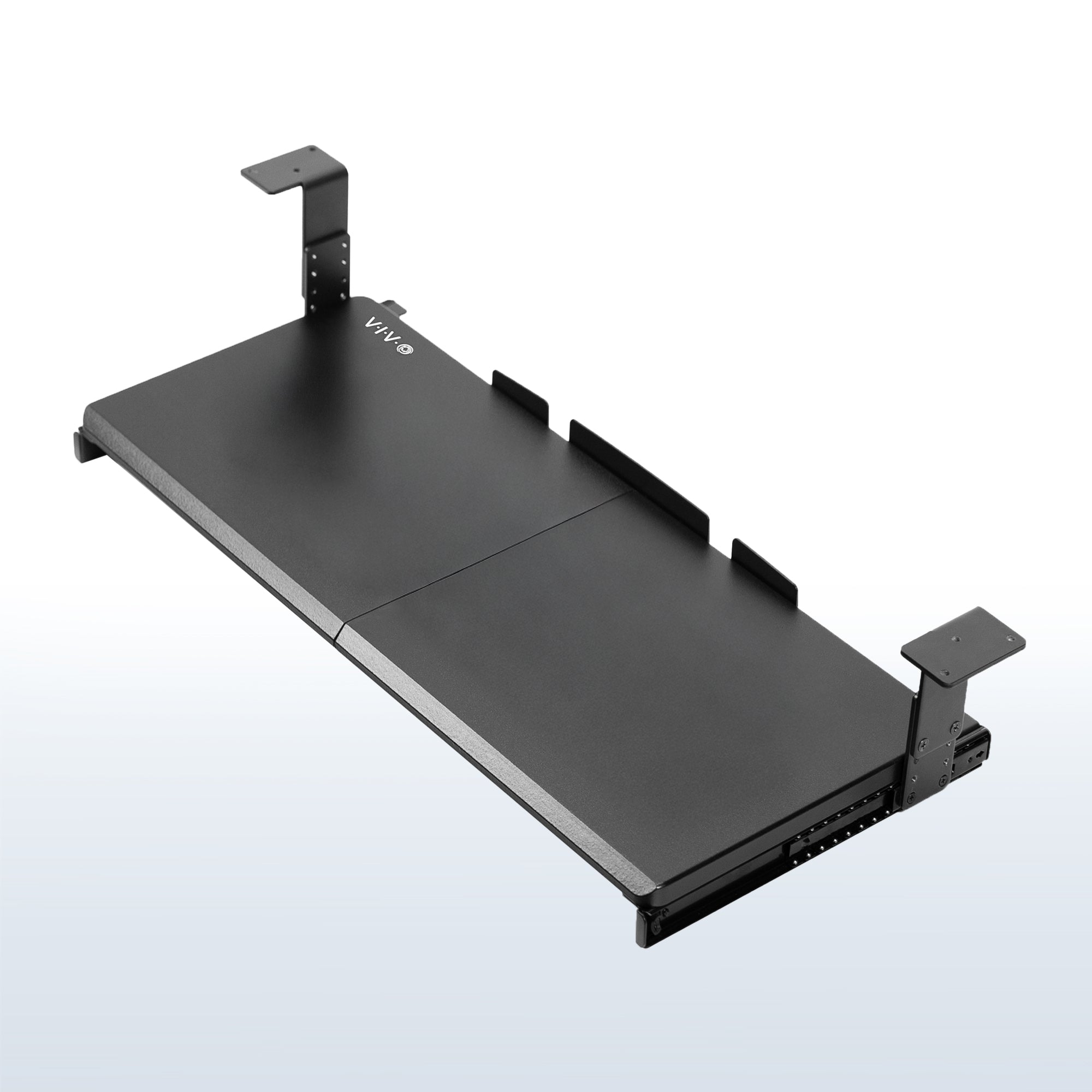 Under desk height adjustable pull-out sliding keyboard tray.
