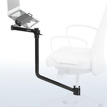 Office chair mounted laptop tray with adjustable extension arm.