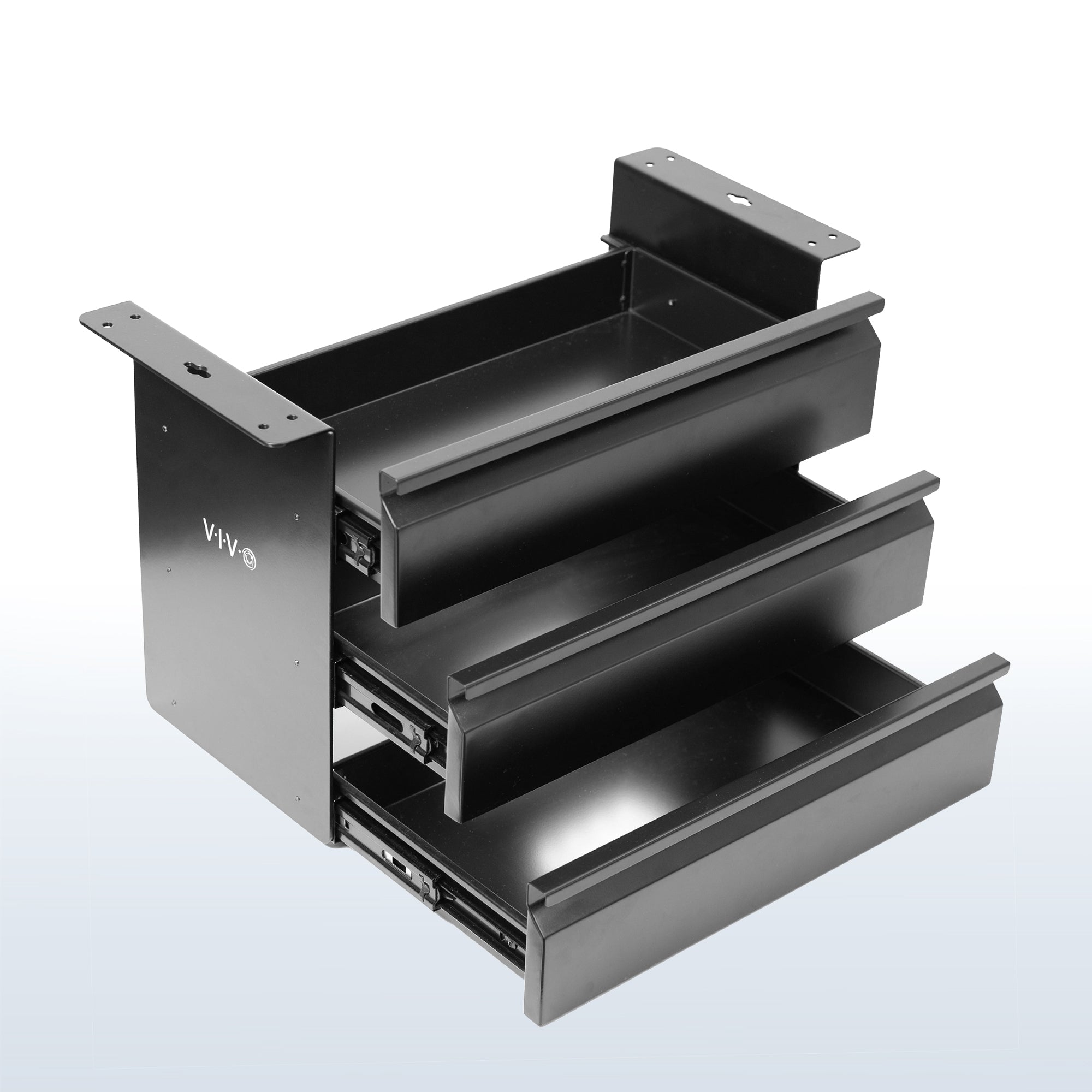 Sleek under desk storage unit with three pull-out drawers for office workstation organization.