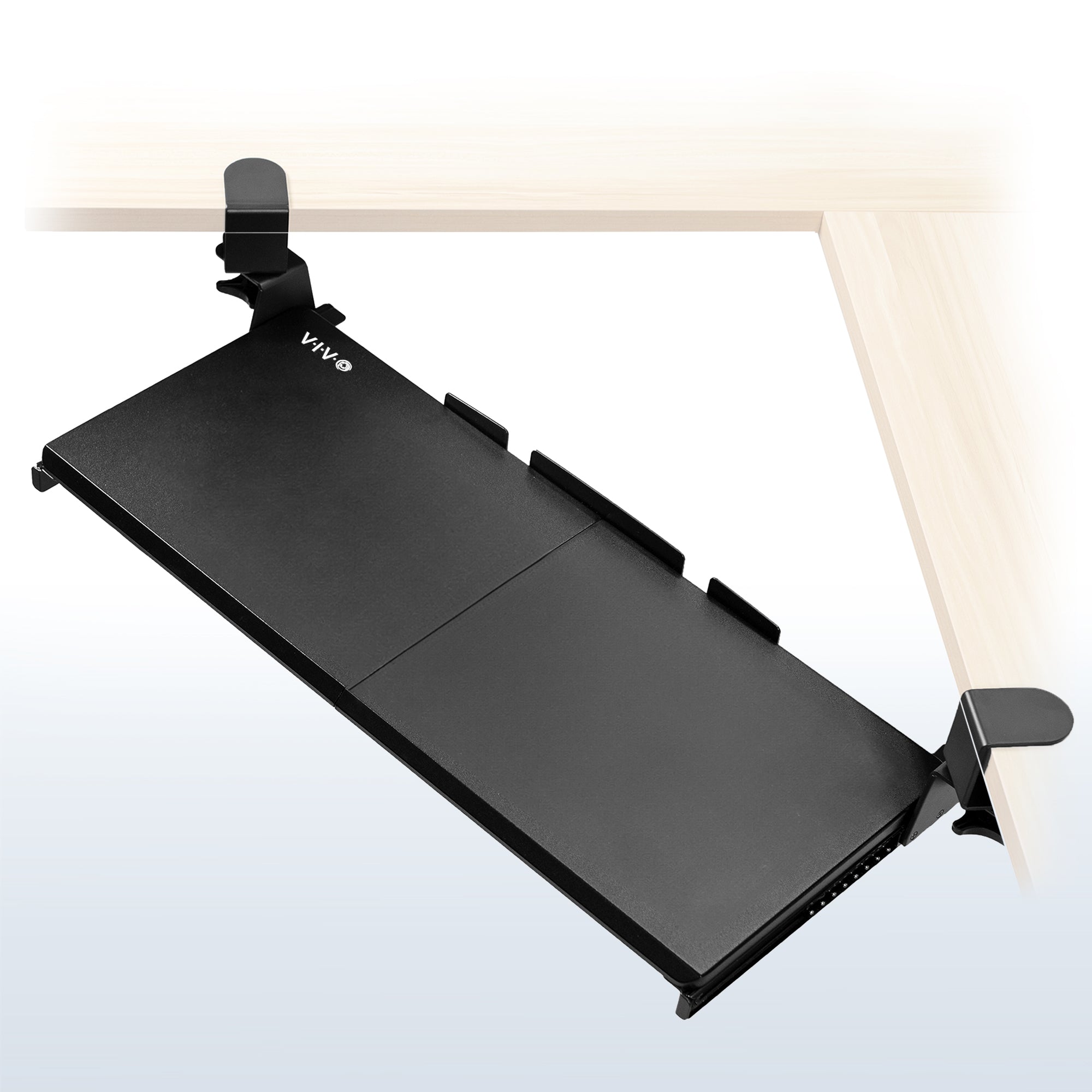 Under desk corner keyboard tray platform with adjustable swivel clamps for an ergonomic workspace.