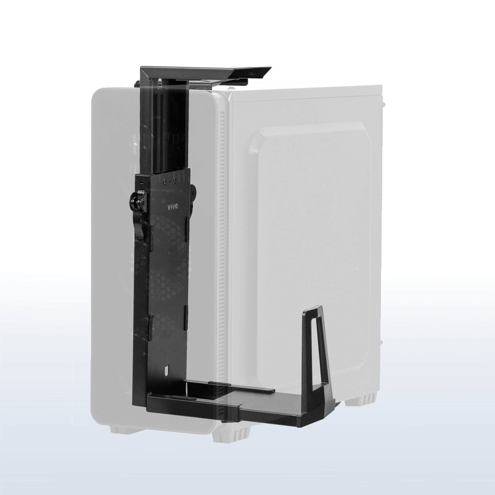 Heavy-duty adjustable space efficient under desk PC mount.
