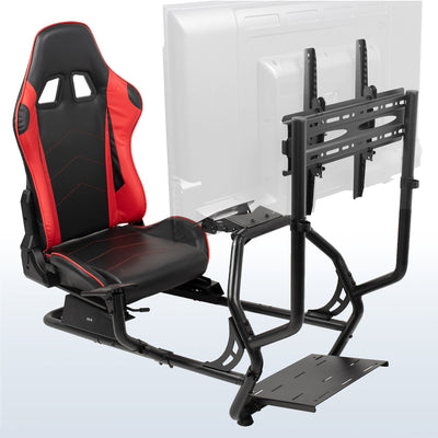 Racing gaming setup with red and black racing chair TV mount combination.