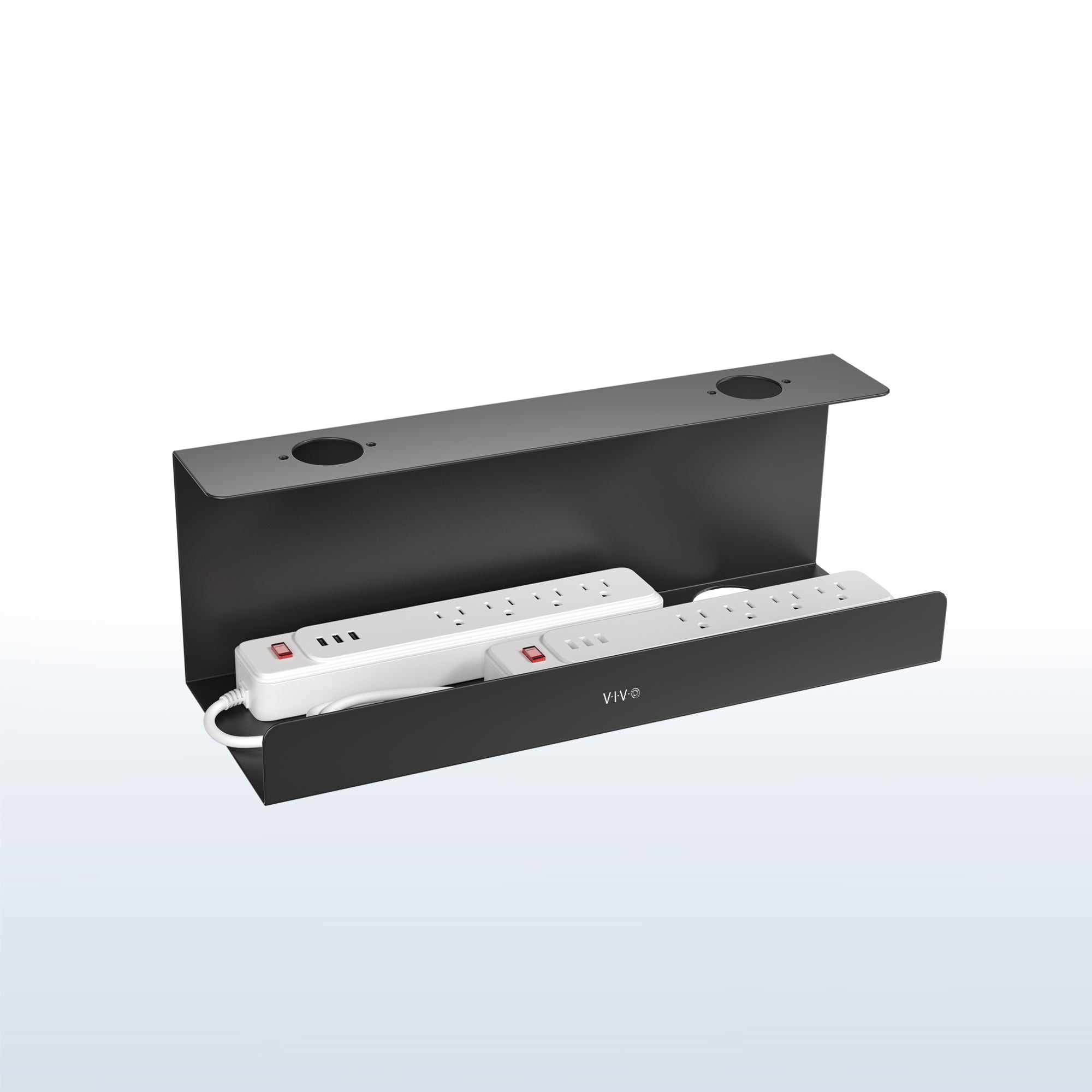 Extra deep under desk cable management tray for office storage. Low profile, sleek, and flexible with simple installation.