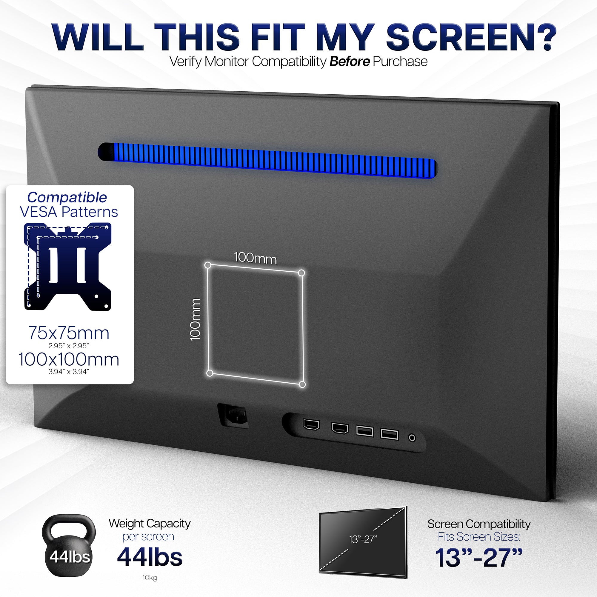 Monitor compatibility information for screen sizes and VESA patterns on a white background