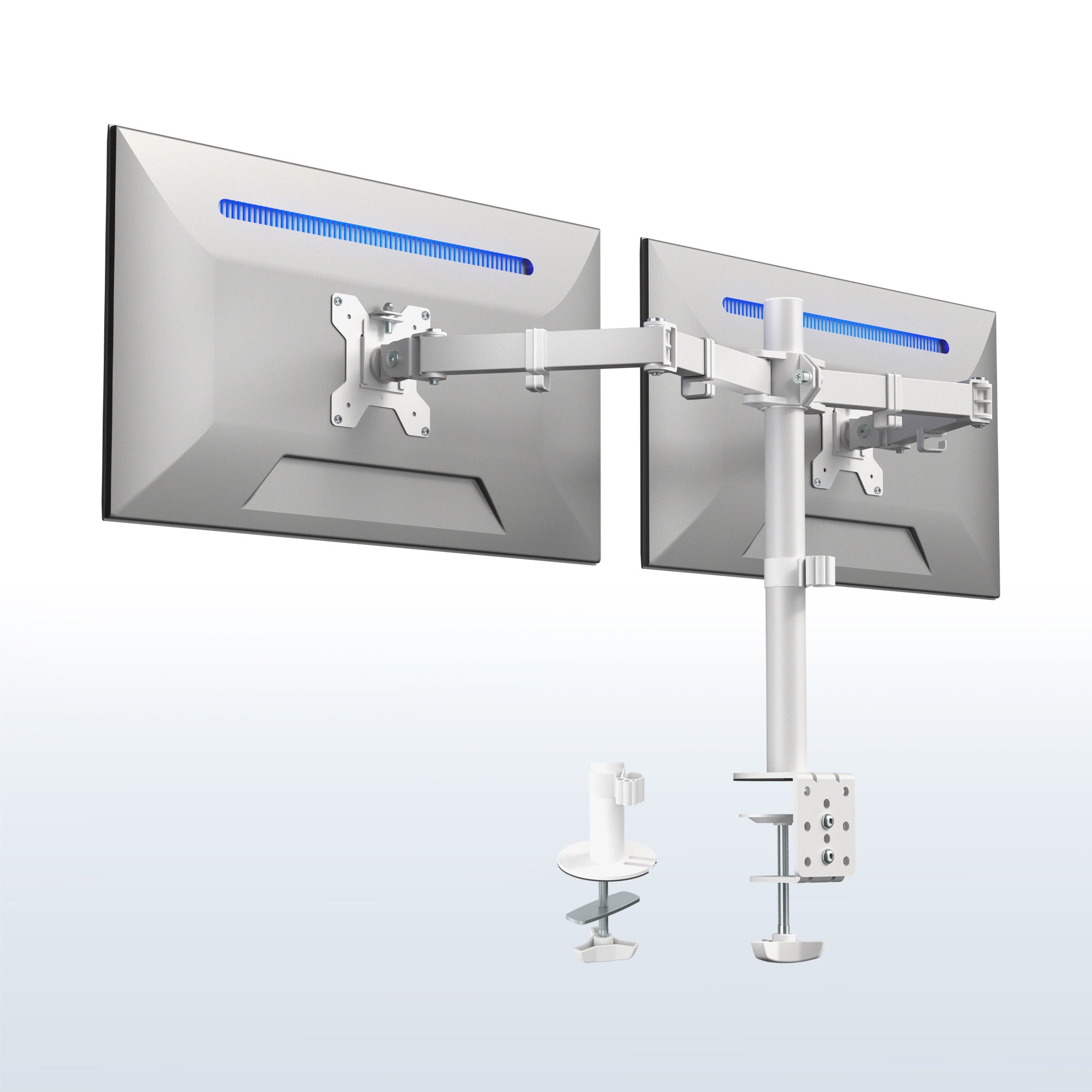 White dual monitor desk mount