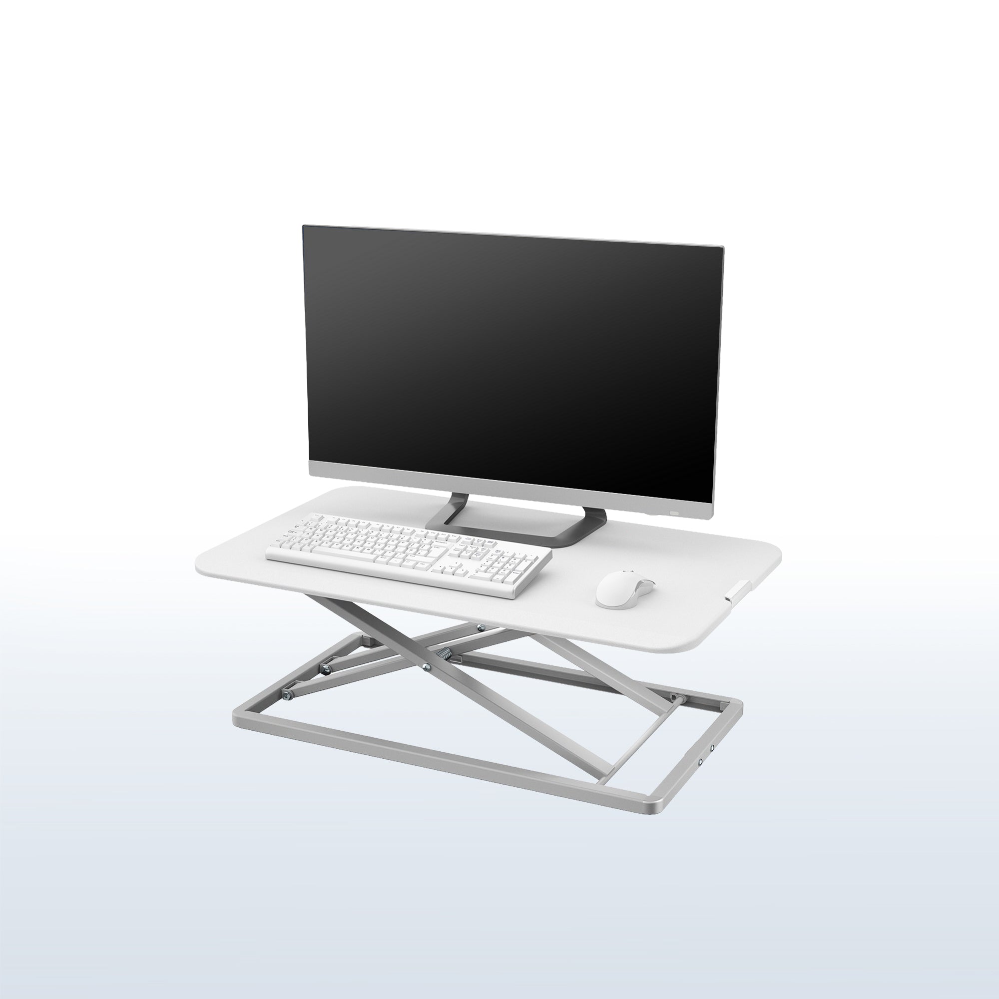 White heavy-duty height adjustable desk converter monitor riser.