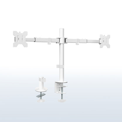 A white multi-monitor TV wall mount bracket with two detachable display arms and a central vertical pole, shown on a clean light blue gradient background.