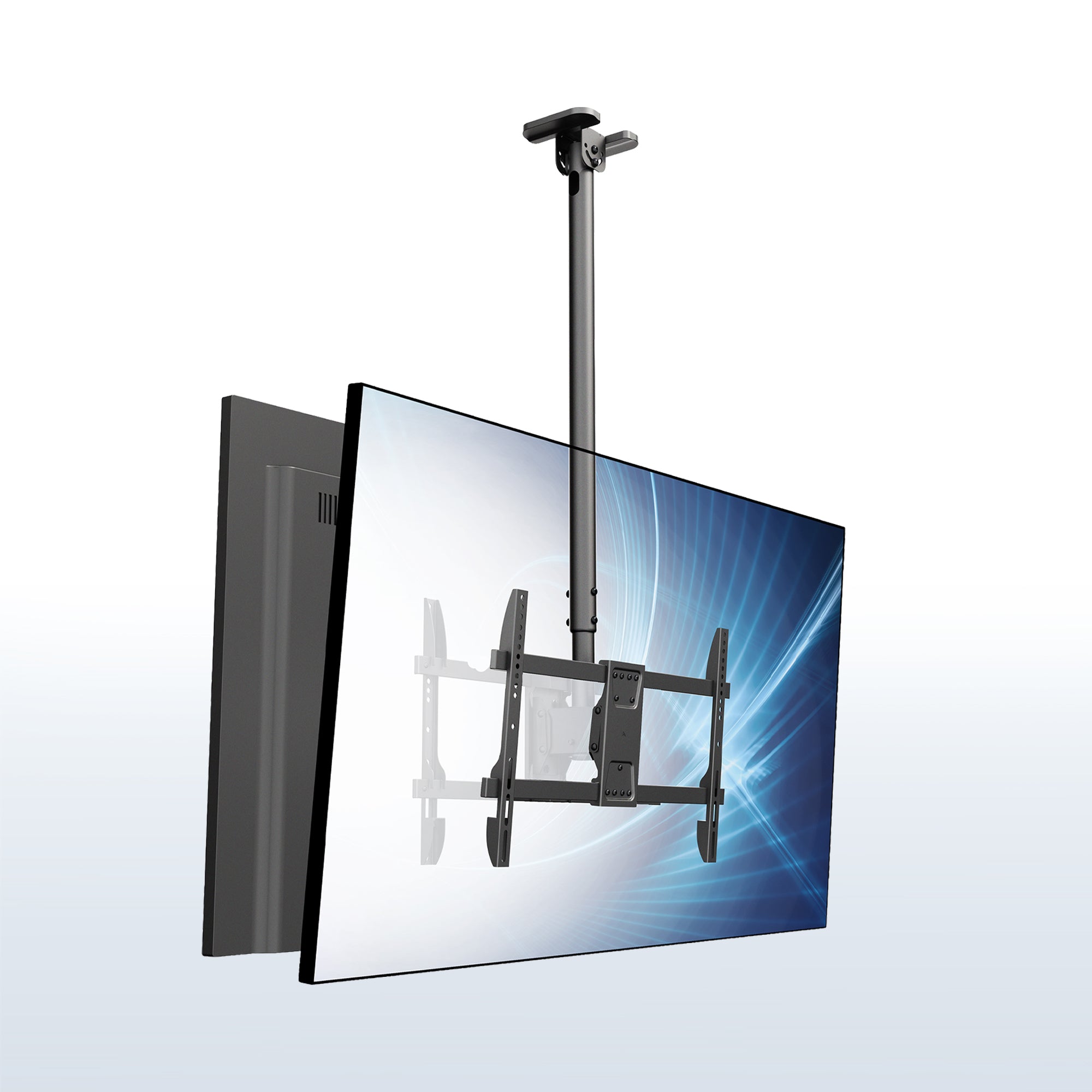 Back-to-back dual TVs mounted to a black ceiling mount with the mounting brackets showing through the screen on a white and blue gradient background