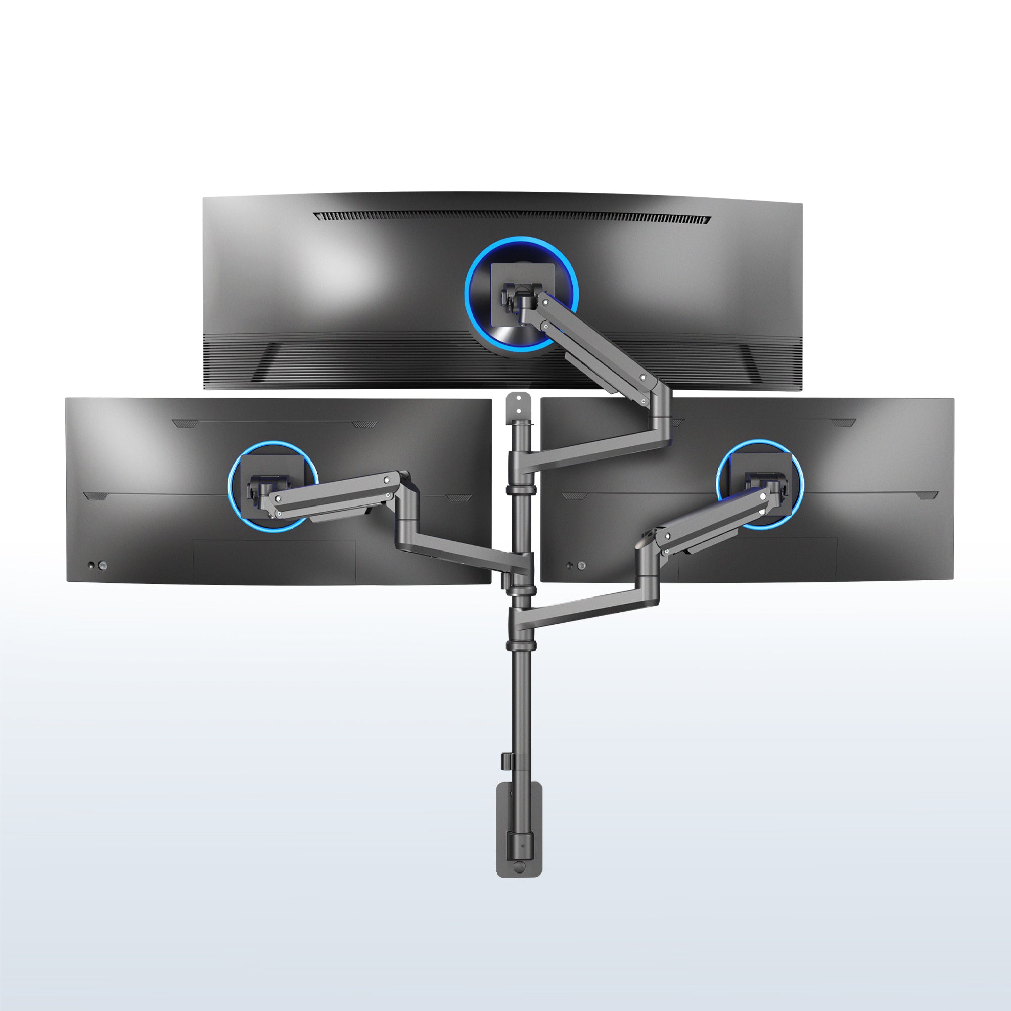 Monitor arm holding three monitors on a white background