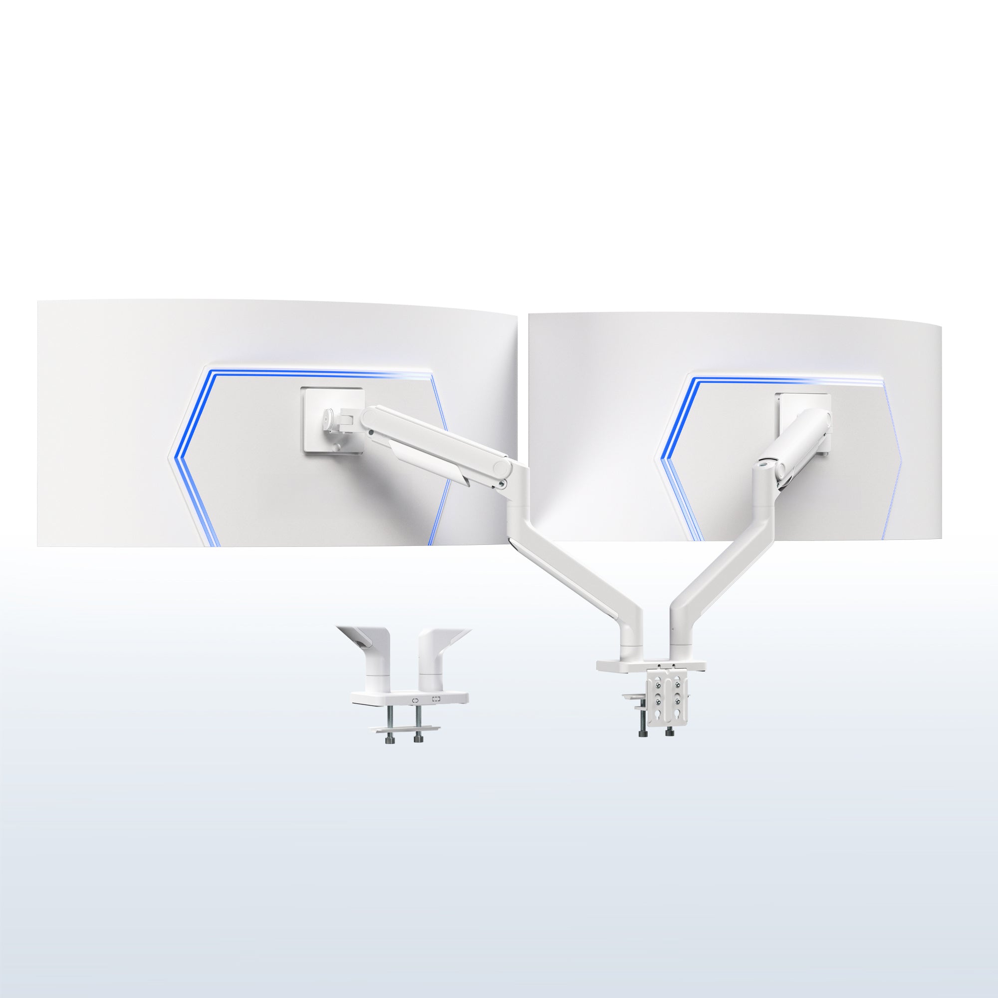 White Mechanical Arm Dual Ultrawide Monitor Desk Mount - Up to 45" Screens