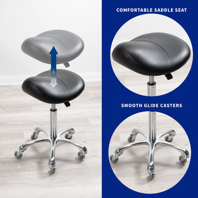 Saddle seat desk chair with wheels for better posture and increased productivity.