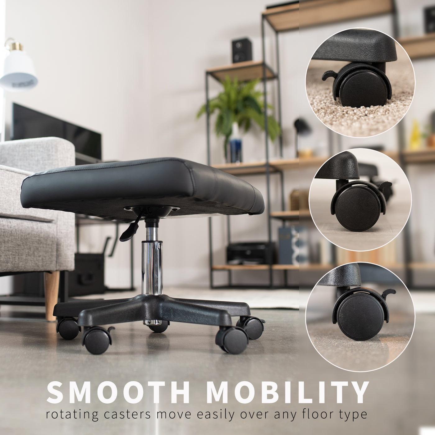 VIVO Mobile Footrest with Wheels, Ergonomic Rolling Ottoman Leg Rest for Work Comfort, Height Adjustable Computer Desk Stool with Thick Padding, Office Seat