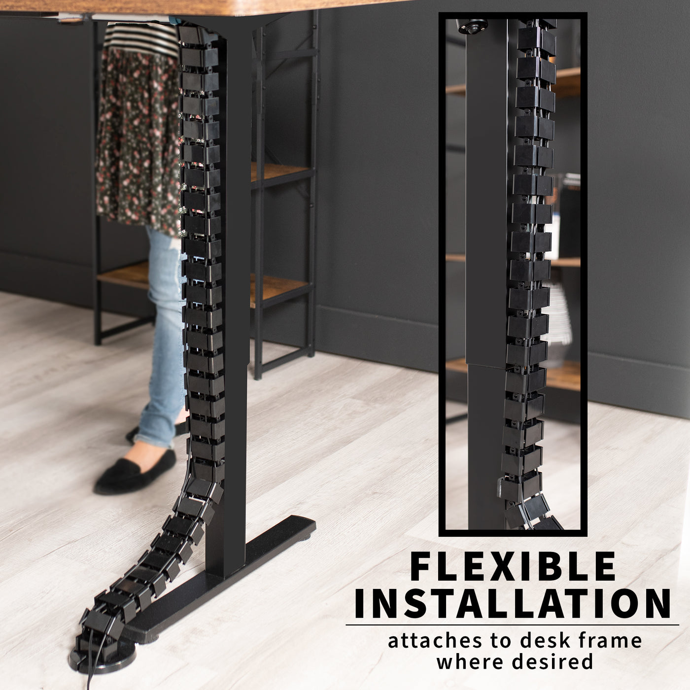 This flexible cable strip provides modern and attractive desk-to-floor cable management for your work area, perfect for height adjustable and standard desks alike. 