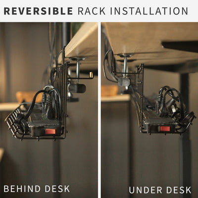 Clamp-on desk cable management organizer hanging racks with reversible installation.